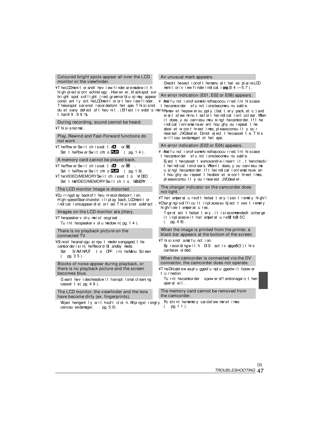 JVC 0303-MK-ID-SN manual During recording, sound cannot be heard, Play, Rewind and Fast-Forward functions do Not work 