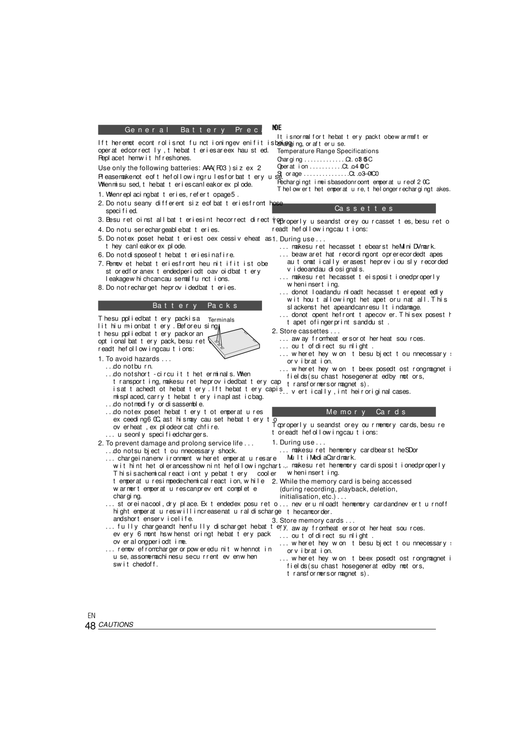 JVC ENLYT1127-001A, 0303-MK-ID-SN manual General Battery Precautions, Battery Packs, Cassettes, Memory Cards 