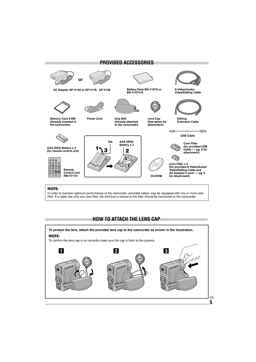 JVC 0303-MK-ID-SN Remote Control Unit RM-V717U Tab AAA R03, Video/Editing Cable, AC Adapter’s cord pg, For attachment 