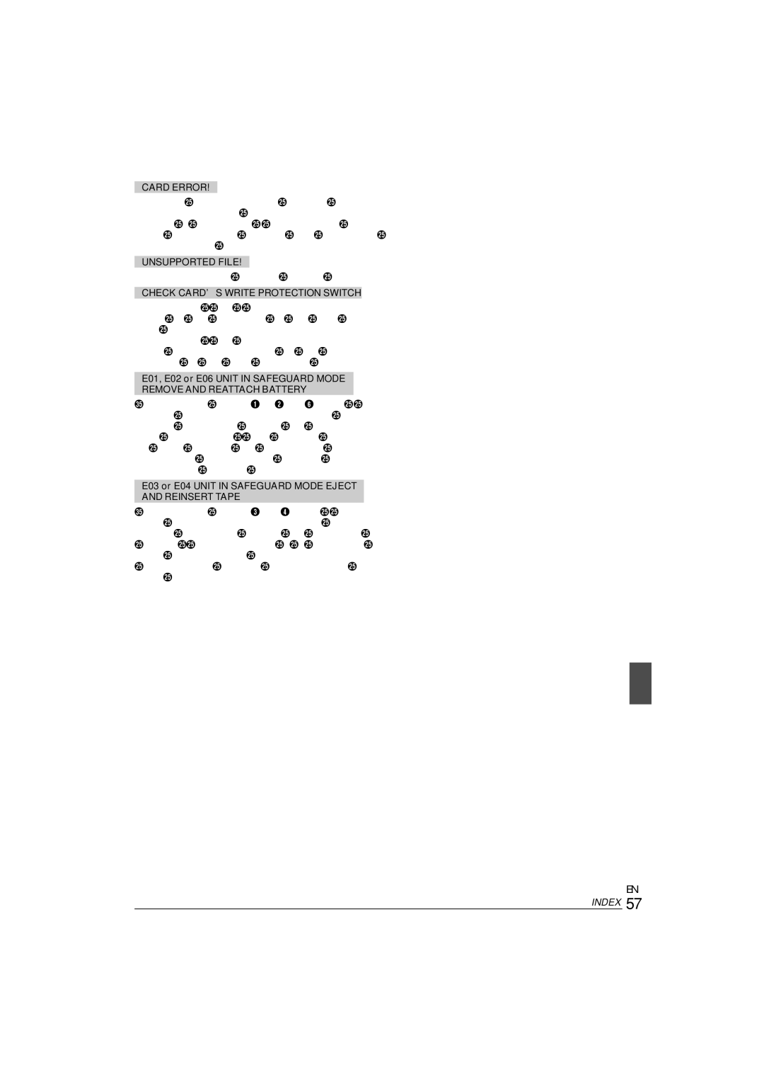 JVC 0303-MK-ID-SN, ENLYT1127-001A Appears if a file in another format is selected, E01, E02 or E06 Unit in Safeguard Mode 