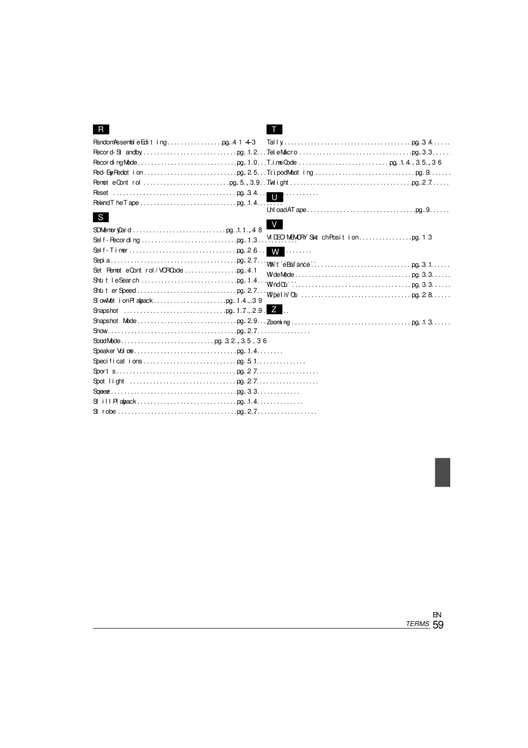 JVC 0303-MK-ID-SN, ENLYT1127-001A manual SD Memory Card, Unload a Tape, VIDEO/MEMORY Switch Position, White Balance, Zooming 