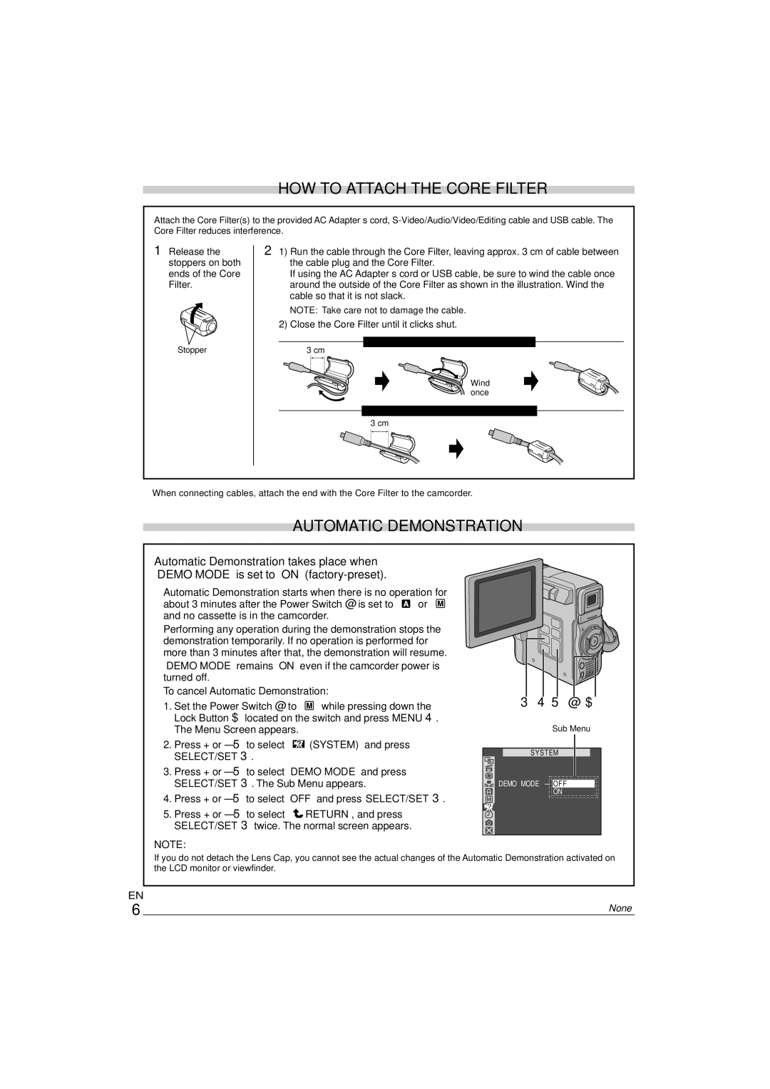 JVC ENLYT1127-001A, 0303-MK-ID-SN manual Release the stoppers on both ends of the Core Filter, Stopper, Sub Menu 