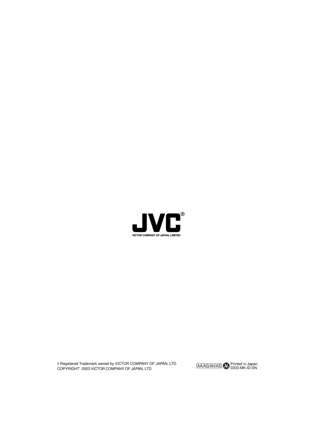 JVC ENLYT1127-001A manual AA/AG/AH/AS 0303-MK-ID-SN 