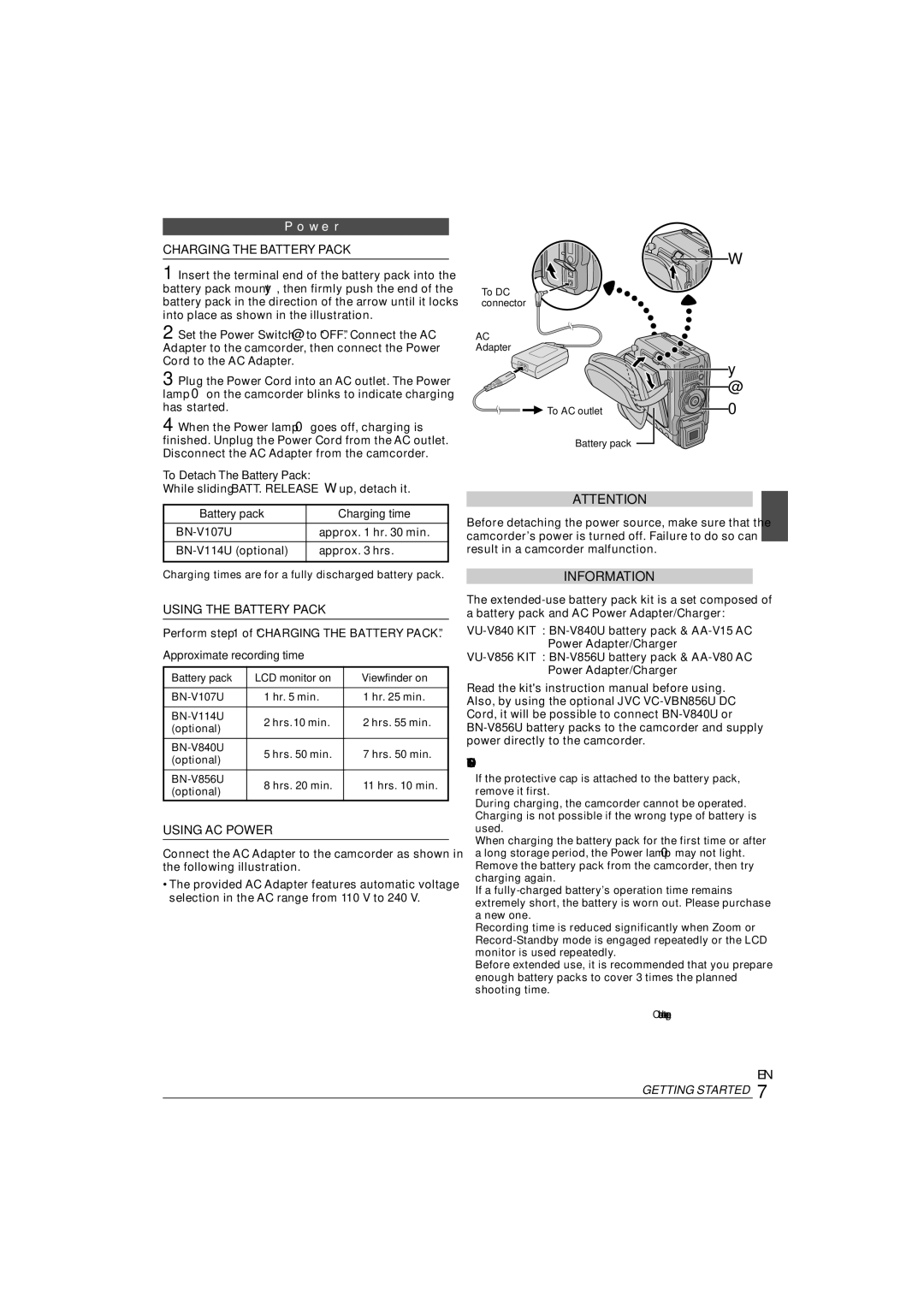 JVC 0303-MK-ID-SN, ENLYT1127-001A manual Charging the Battery Pack, Using the Battery Pack, Using AC Power, Information 