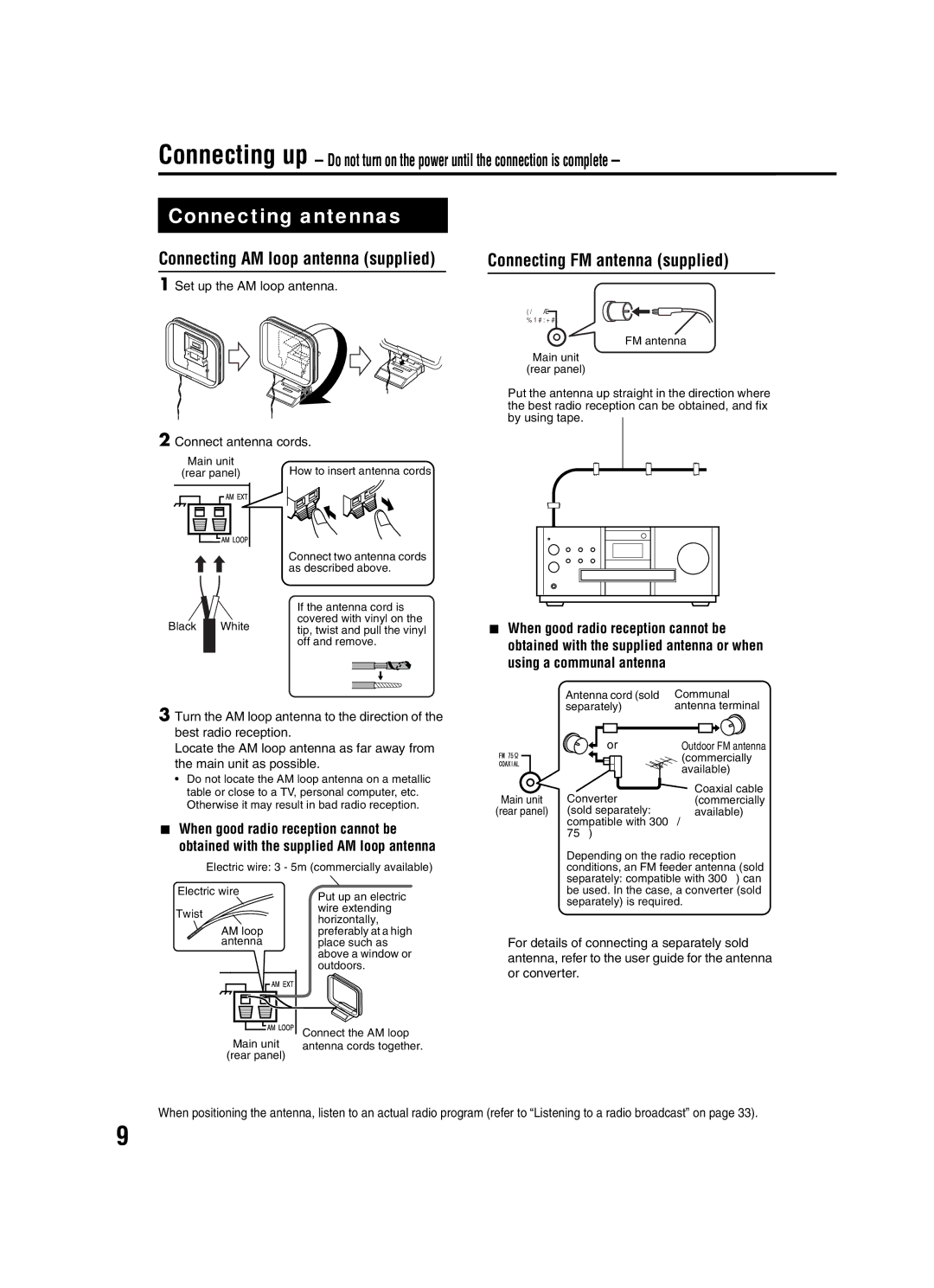 JVC EX-A1 manual Connection, Set up the AM loop antenna Connect antenna cords 