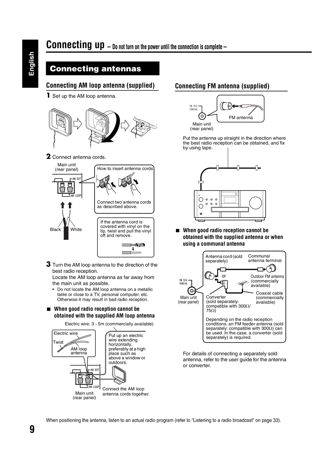 JVC EX-A1 manual Connecting antennas, Connection, Connecting AM loop antenna supplied, Connecting FM antenna supplied 