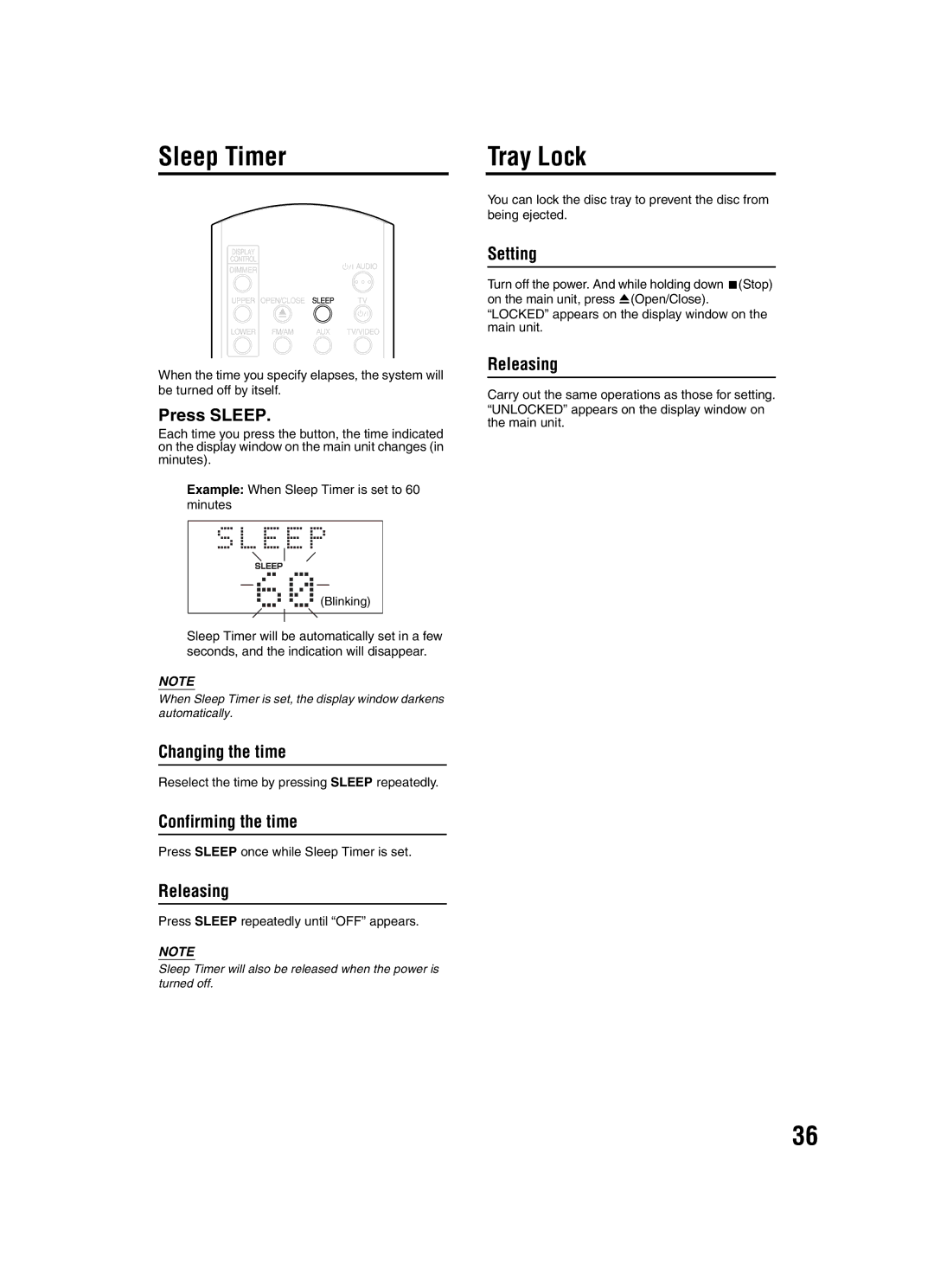 JVC EX-A1 manual Sleep Timer Tray Lock, Press Sleep 
