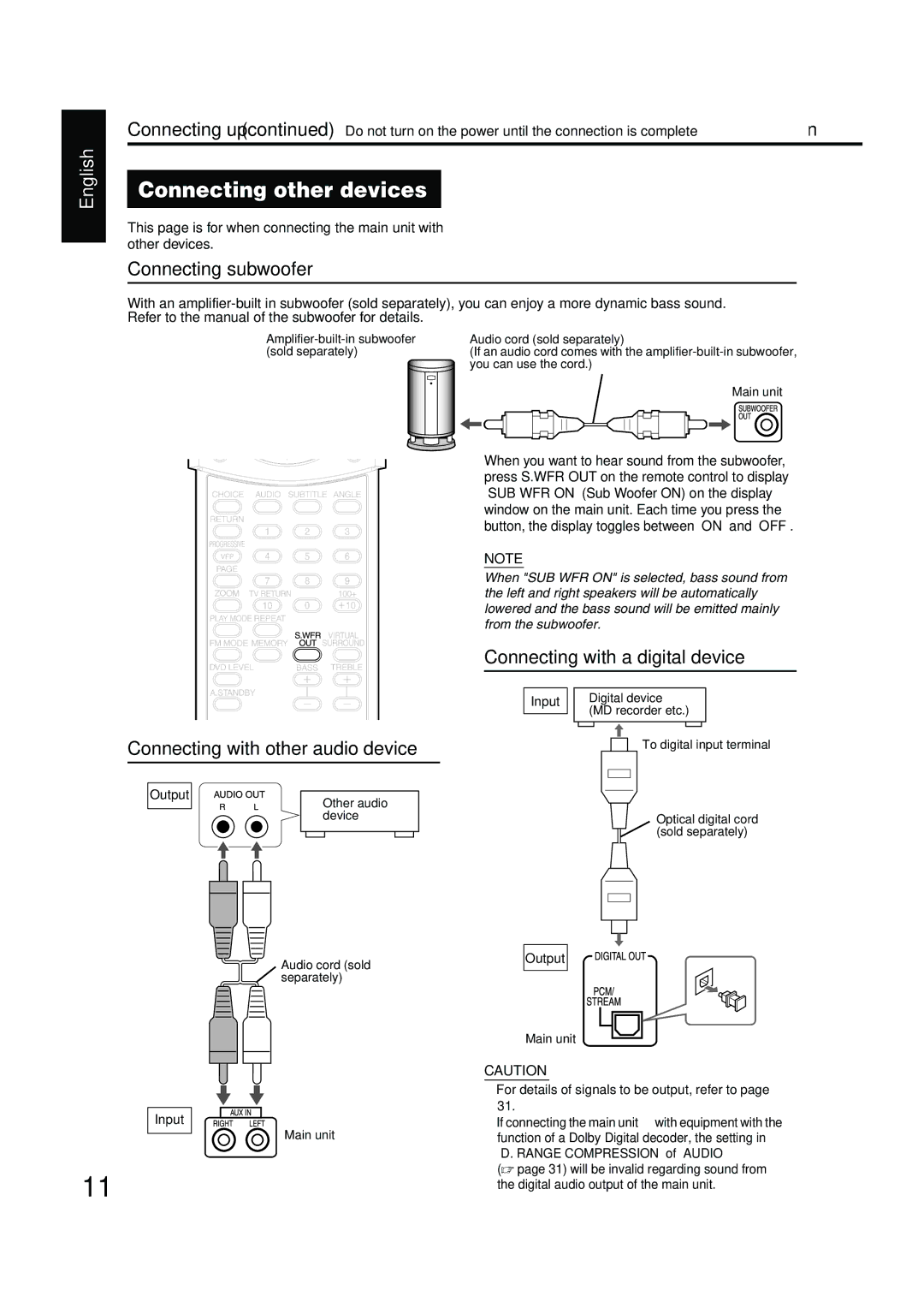 JVC EX-A1 manual Connecting other devices, Connecting subwoofer, Connecting with other audio device 