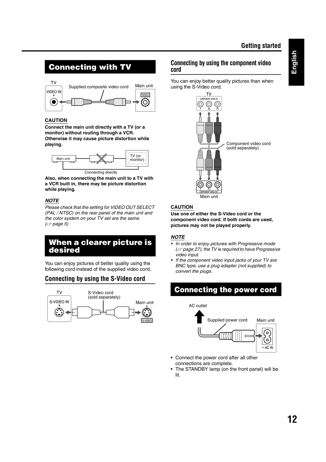 JVC EX-A1 manual Connecting with TV, When a clearer picture is desired, Connecting the power cord 