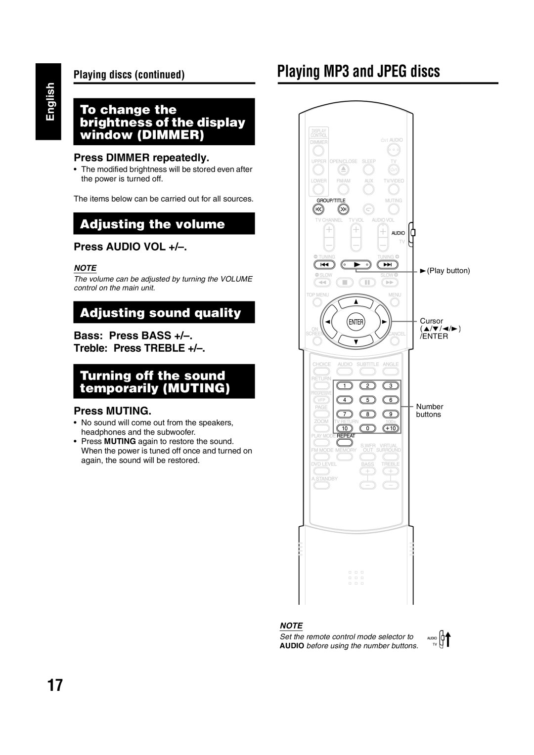 JVC EX-A1 manual To change the brightness of the display window Dimmer, Adjusting the volume, Adjusting sound quality 