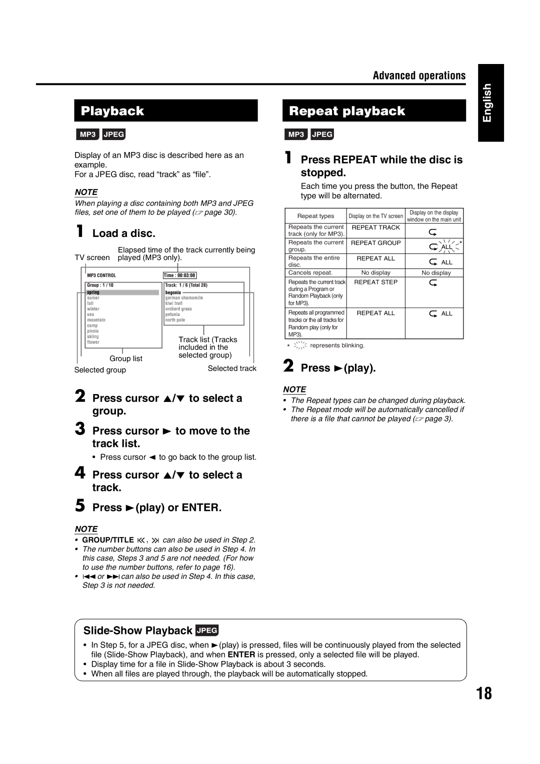 JVC EX-A1 manual Repeat playback, Load a disc, Press Repeat while the disc is stopped, Slide-Show Playback 