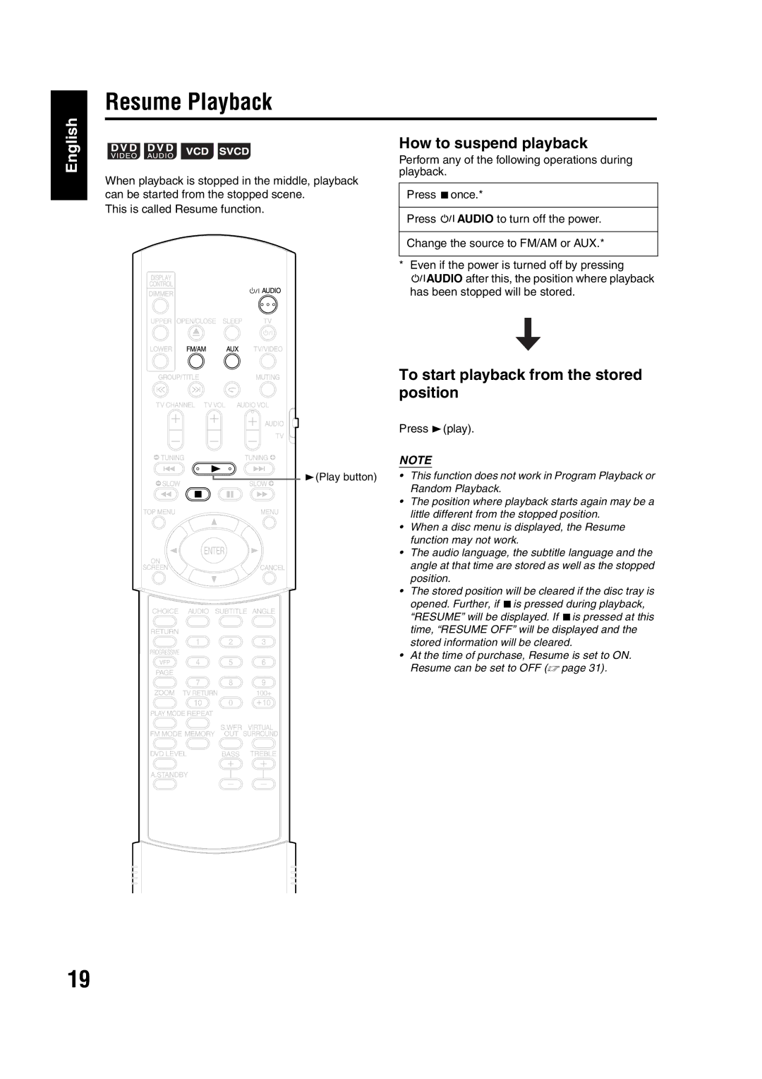 JVC EX-A1 manual Resume Playback, How to suspend playback, To start playback from the stored position, Press 3play 