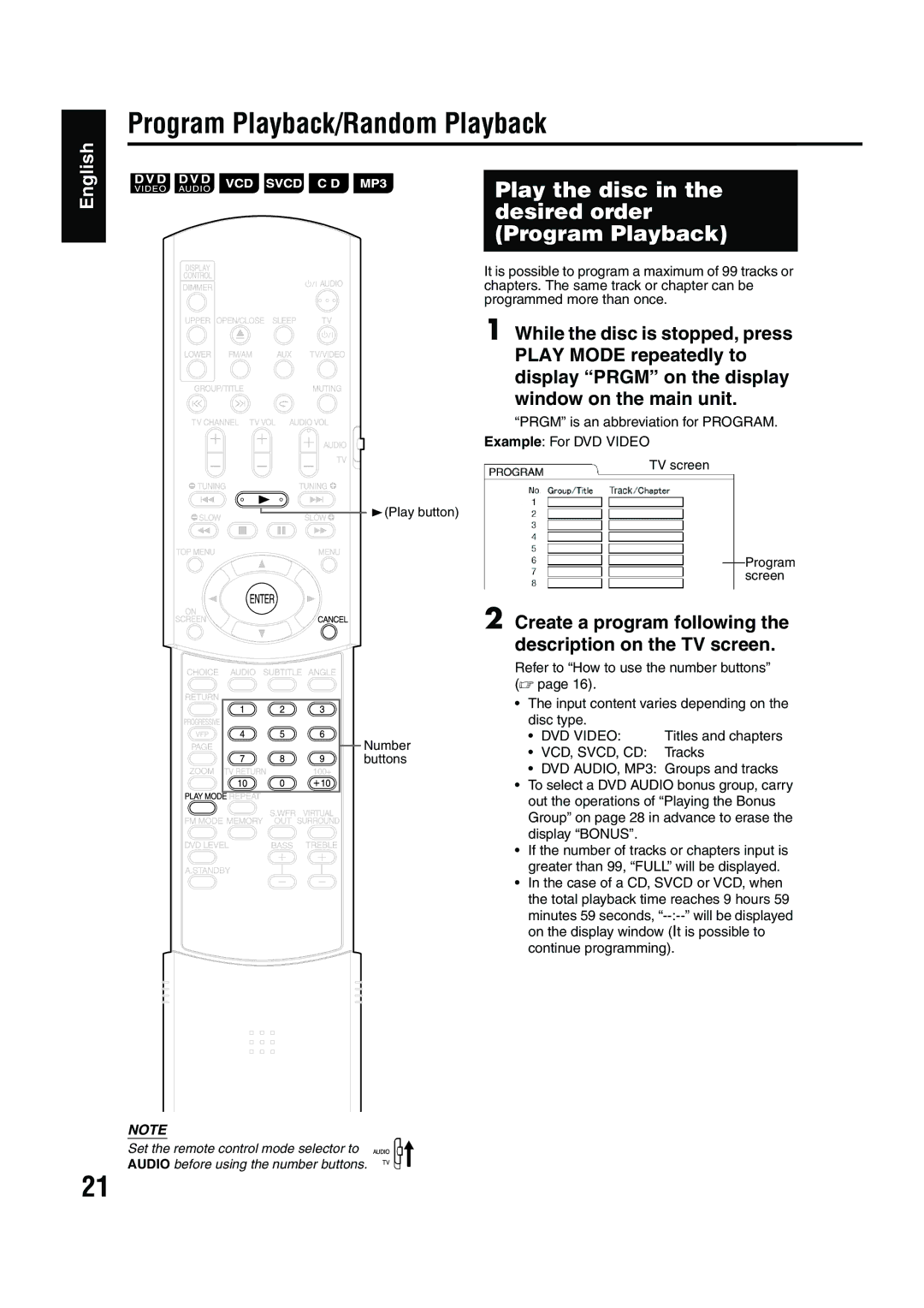 JVC EX-A1 manual Program Playback/Random Playback, Play the disc in the desired order Program Playback 