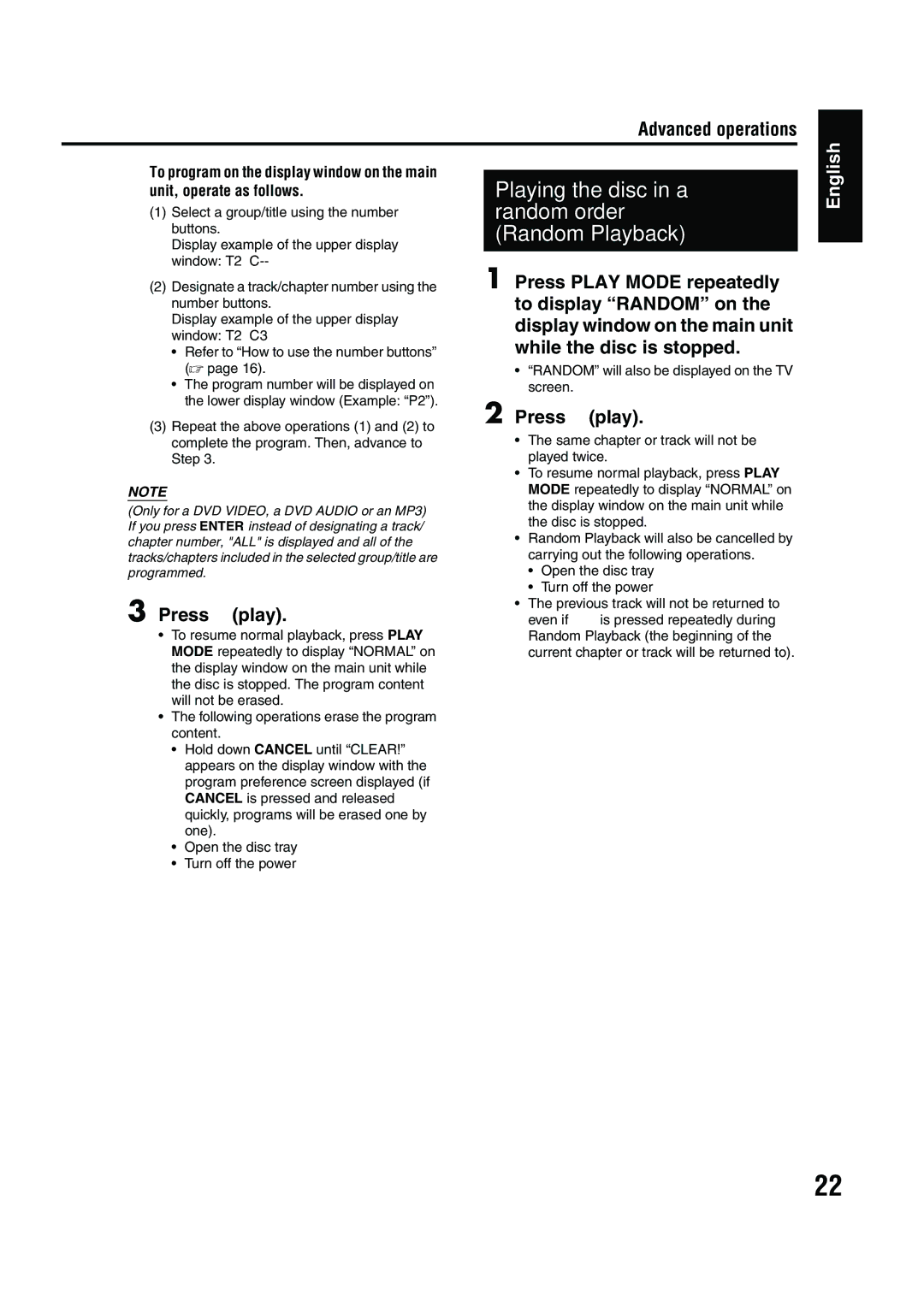 JVC EX-A1 manual Playing the disc in a random order Random Playback, Random will also be displayed on the TV screen 