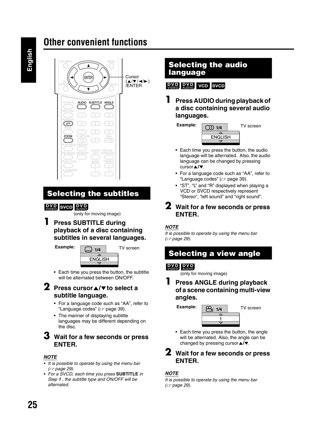 JVC EX-A1 manual Other convenient functions, Selecting the subtitles, Selecting the audio language, Selecting a view angle 