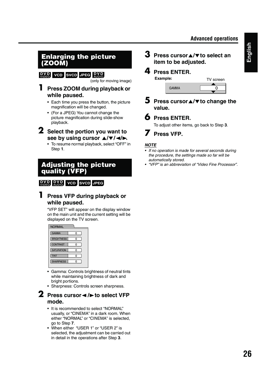 JVC EX-A1 manual Enlarging the picture, Adjusting the picture quality VFP 