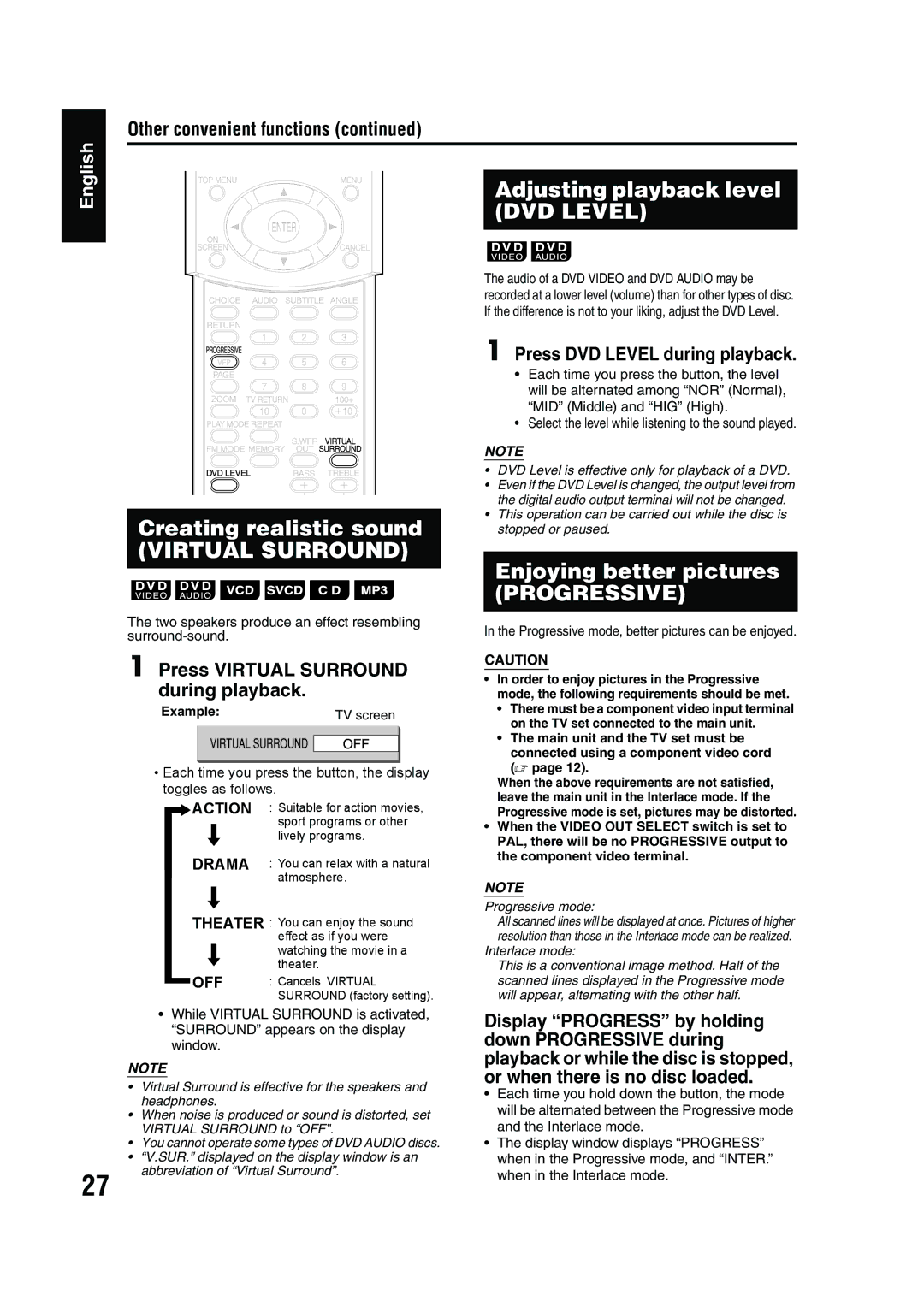 JVC EX-A1 manual Creating realistic sound, Adjusting playback level DVD Level, Enjoying better pictures 