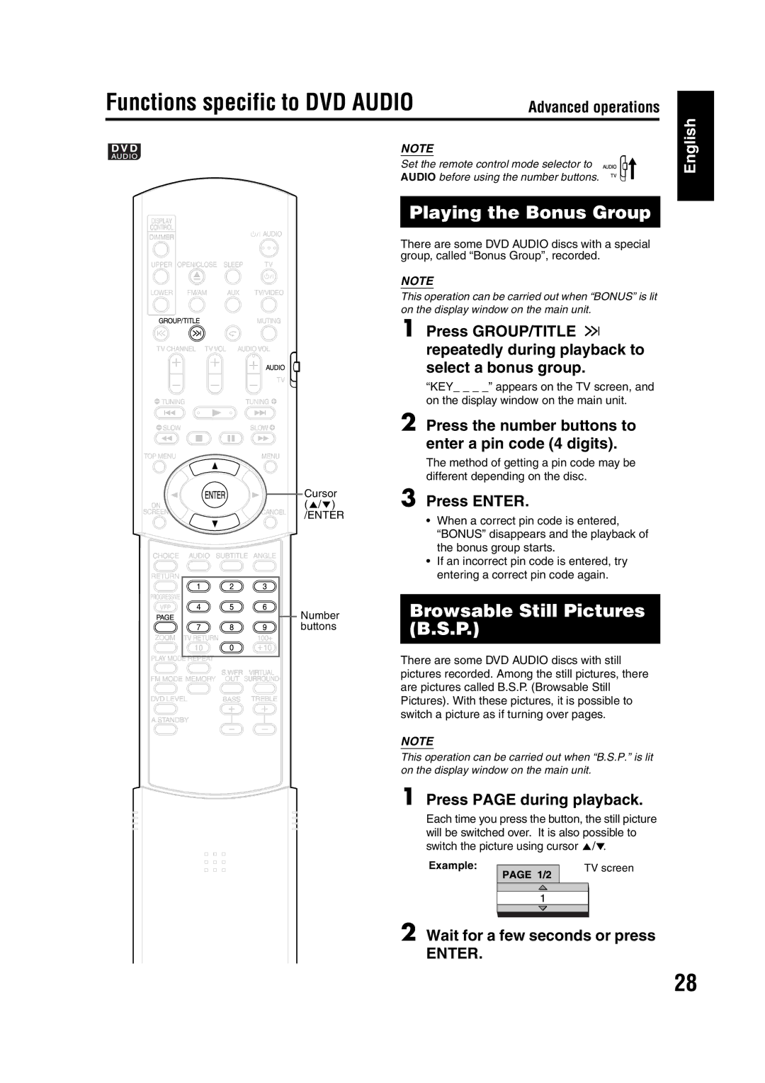 JVC EX-A1 manual Functions specific to DVD Audio, Playing the Bonus Group, Browsable Still Pictures B.S.P 