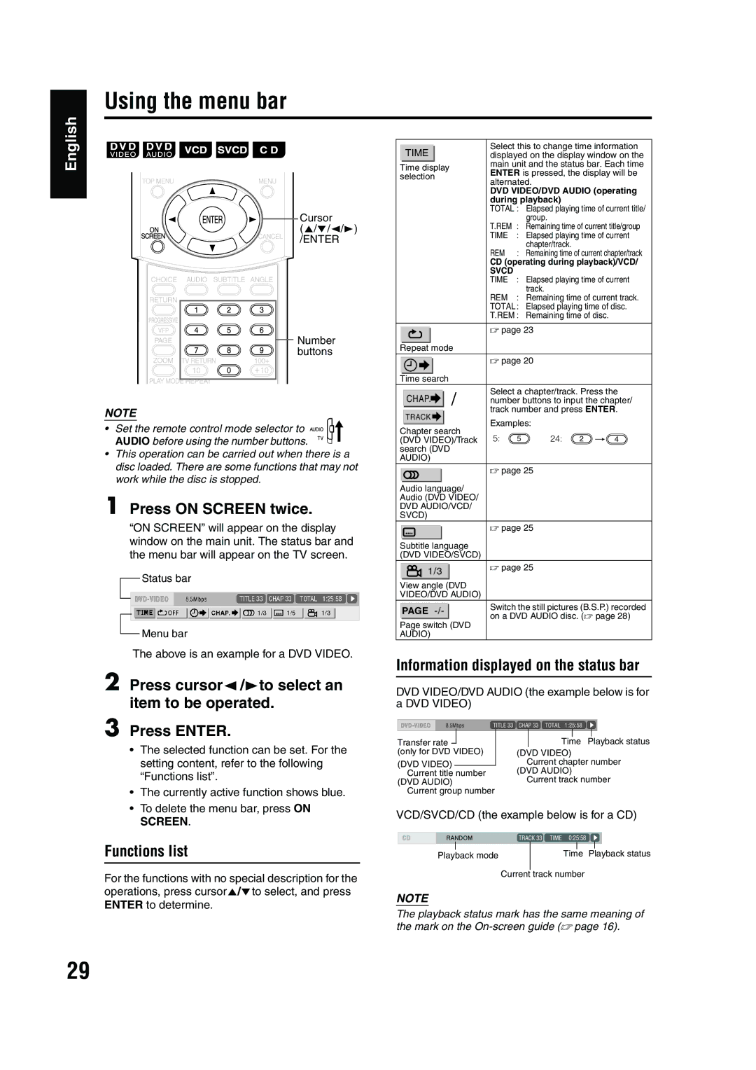 JVC EX-A1 manual Using the menu bar, Press on Screen twice, Press cursor2/3to select an item to be operated Press Enter 