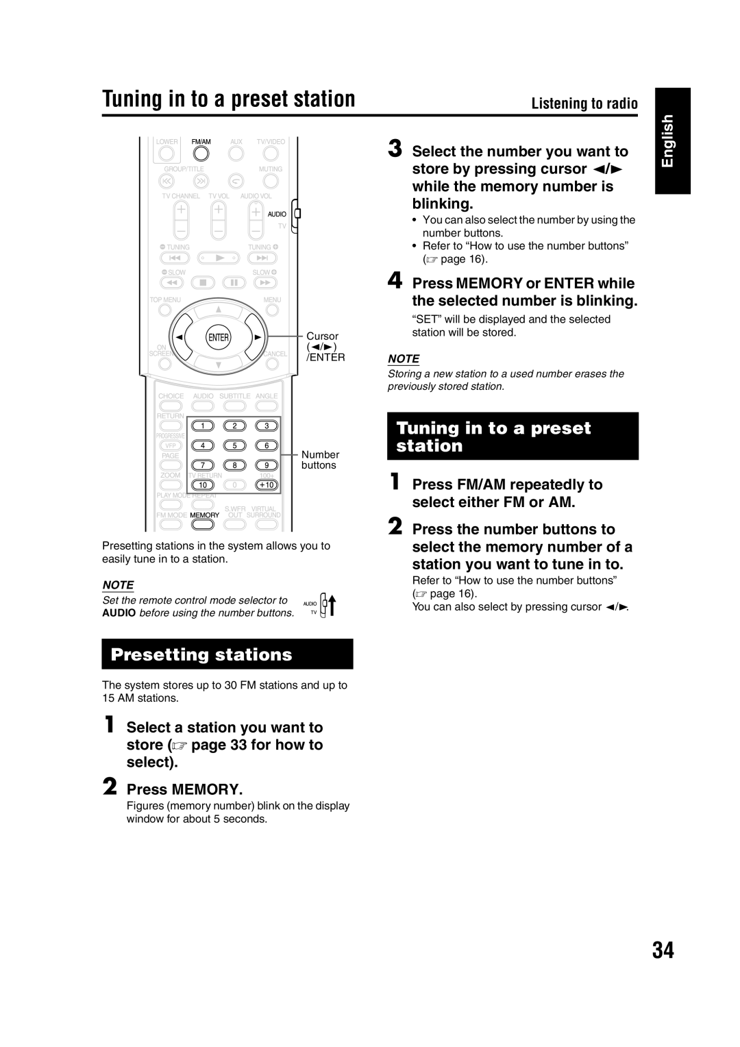 JVC EX-A1 Tuning in to a preset station, Presetting stations, Press Memory or Enter while the selected number is blinking 