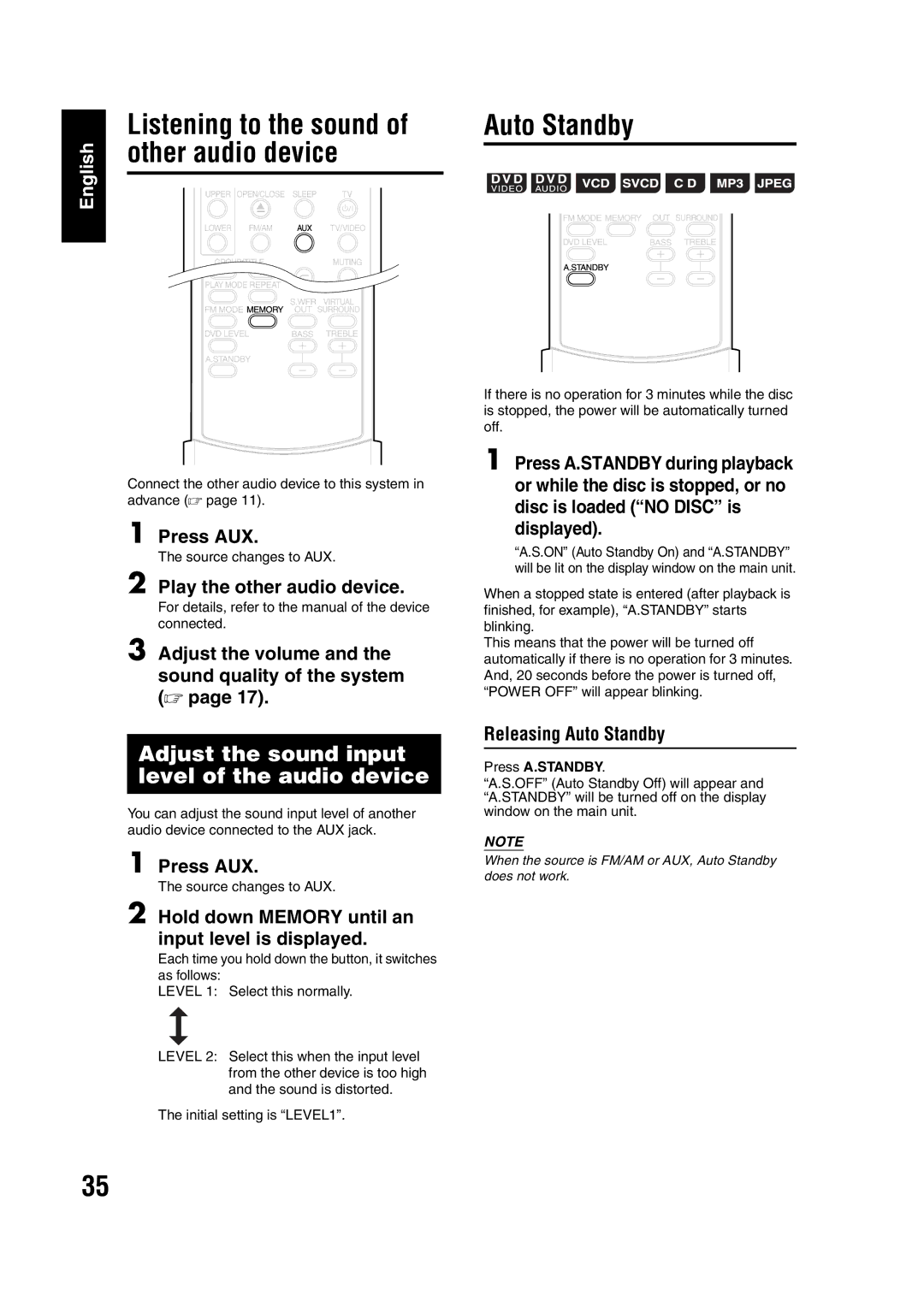 JVC EX-A1 manual Listening to the sound, Other audio device, Adjust the sound input level of the audio device 