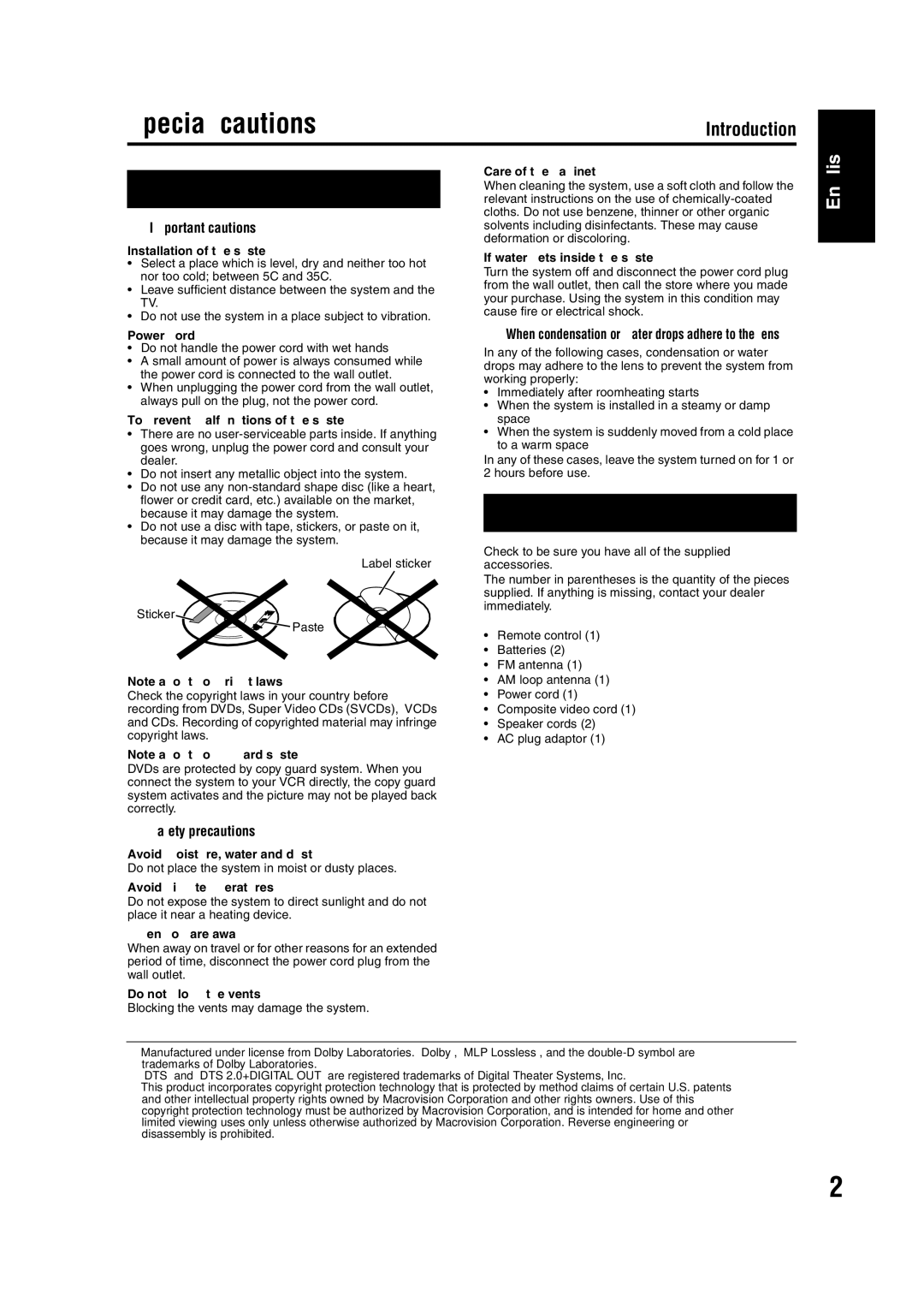 JVC EX-A1 manual Special cautions 