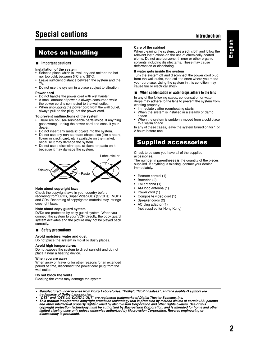 JVC EX-A1 manual Special cautions, Supplied accessories 