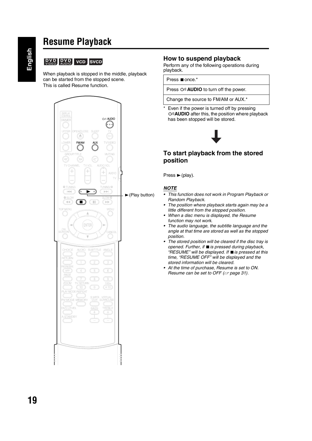 JVC EX-A1 manual Resume Playback 