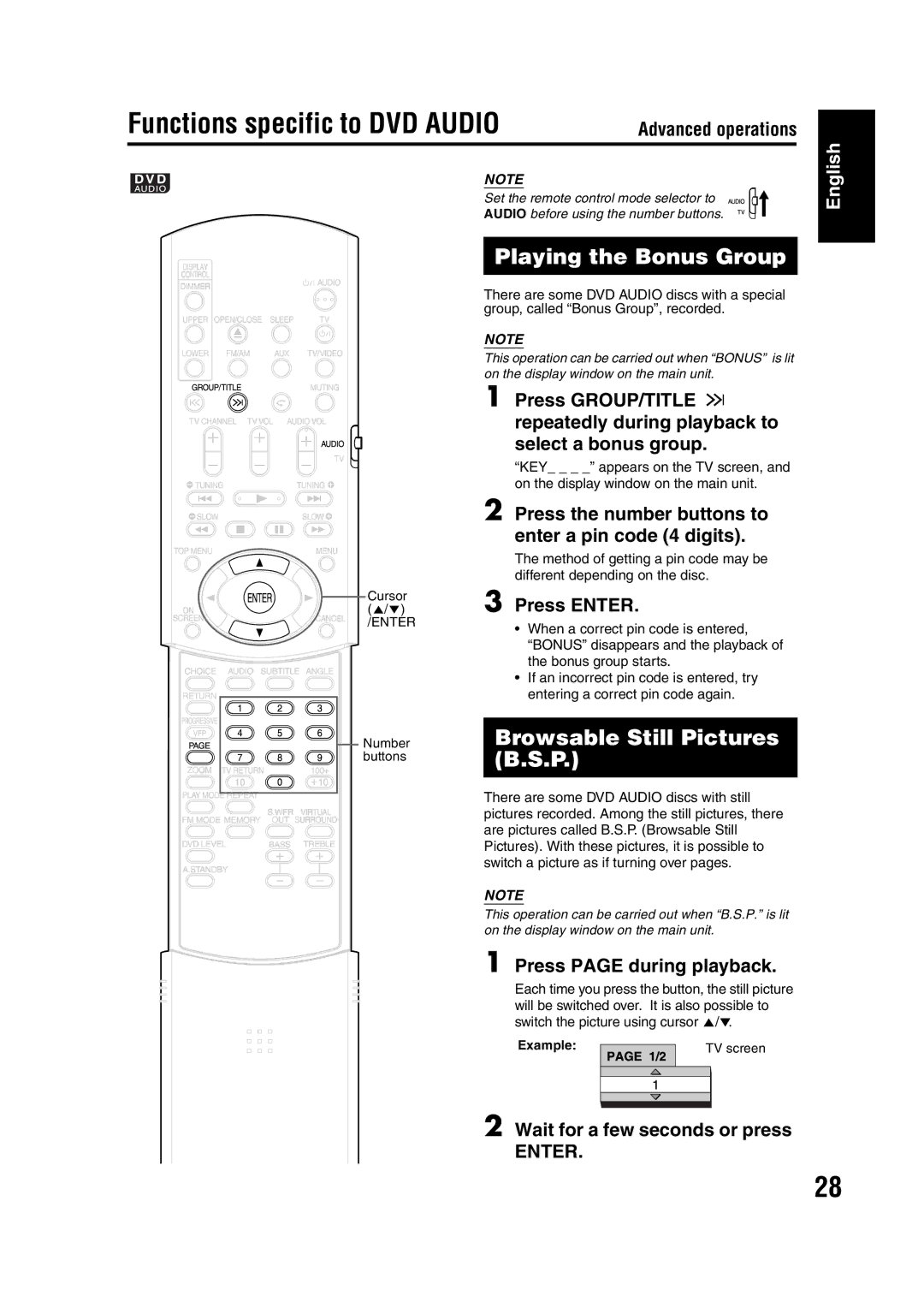 JVC EX-A1 manual Functions specific to DVD Audio 