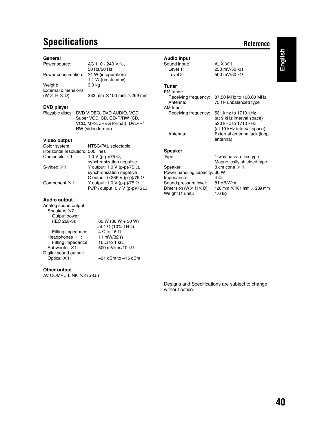 JVC EX-A1 manual Specifications 