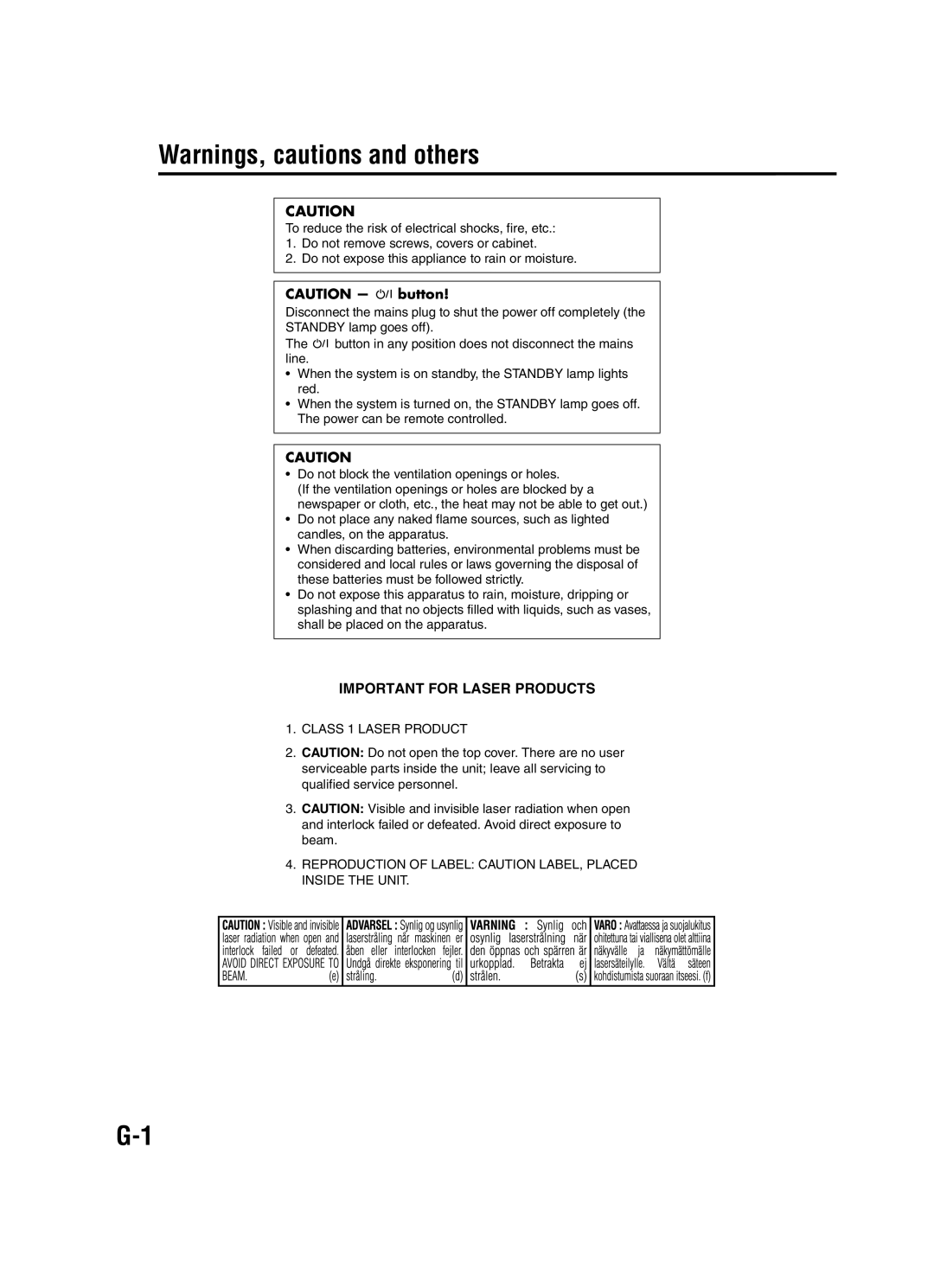 JVC EX-A1 manual Important for Laser Products 