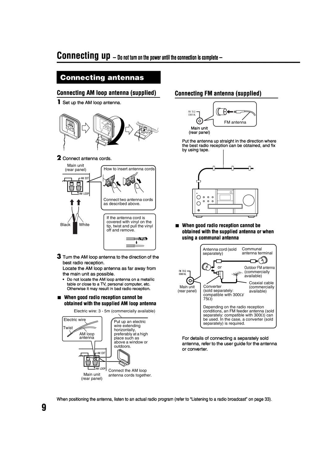 JVC EX-A1 manual Connecting antennas, Connection, Connecting AM loop antenna supplied, Connecting FM antenna supplied 