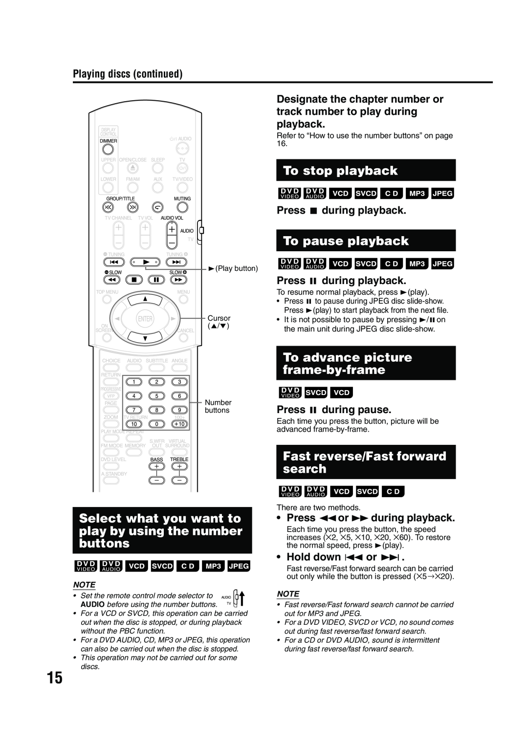 JVC EX-A1 manual To stop playback, To pause playback, To advance picture frame-by-frame, Fast reverse/Fast forward search 