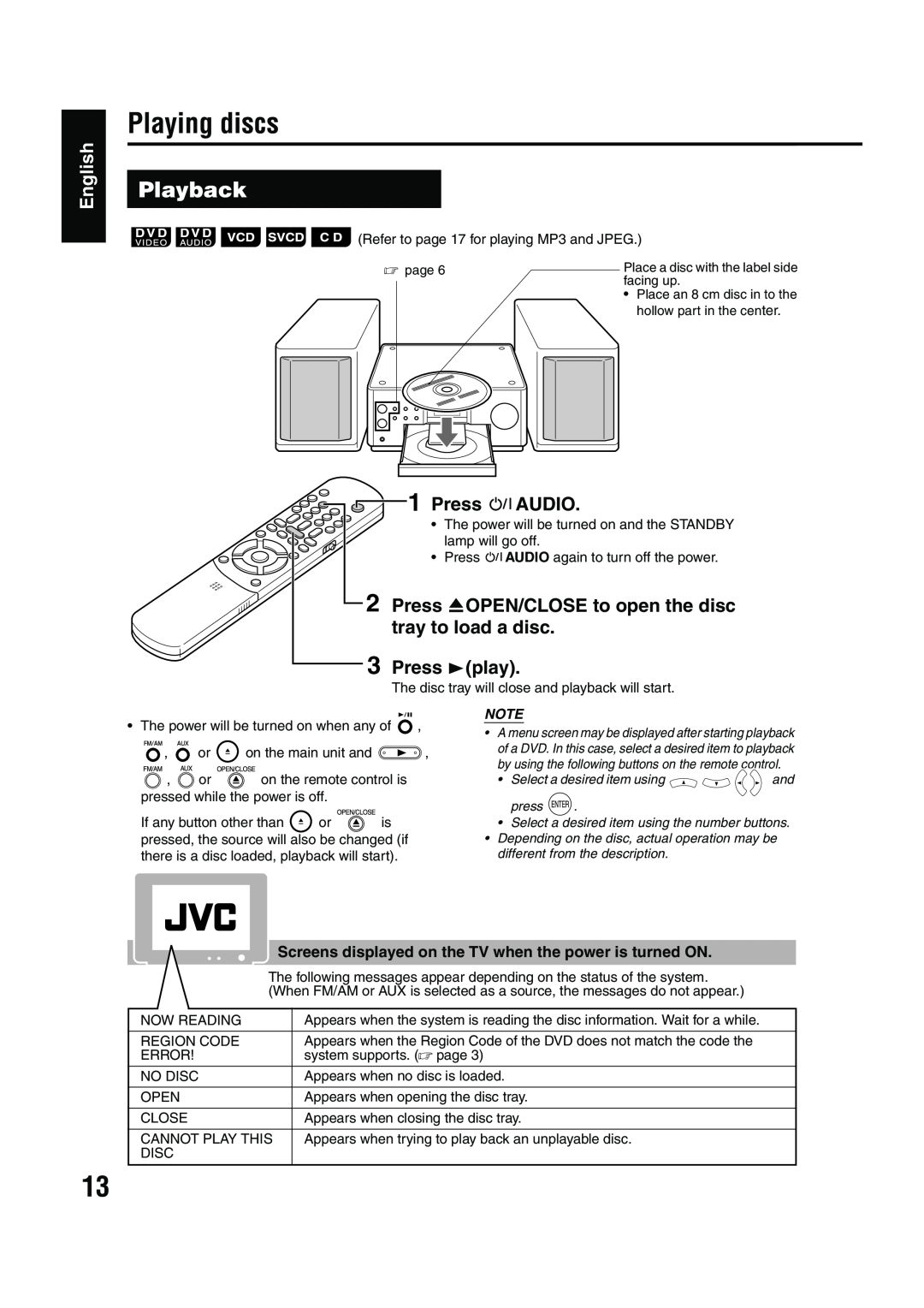 JVC EX-A1 manual Playing discs, Playback, Press FAUDIO, Press 3play, English 