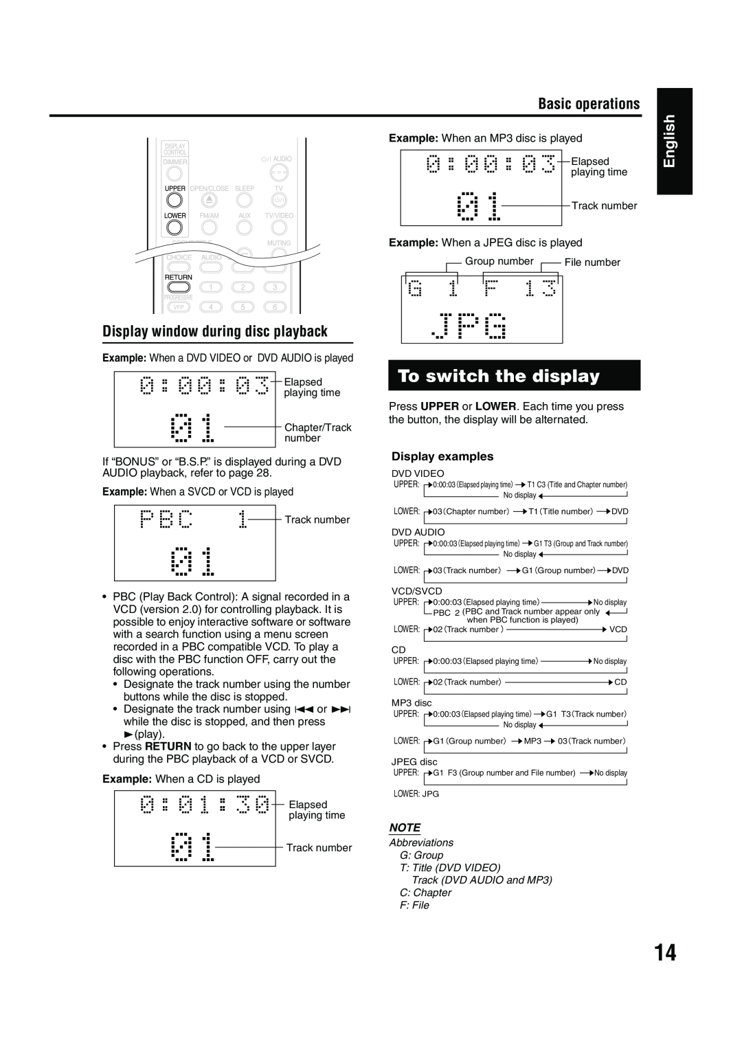 JVC EX-A1 manual To switch the display, Display window during disc playback, Display examples, Basic operations, English 