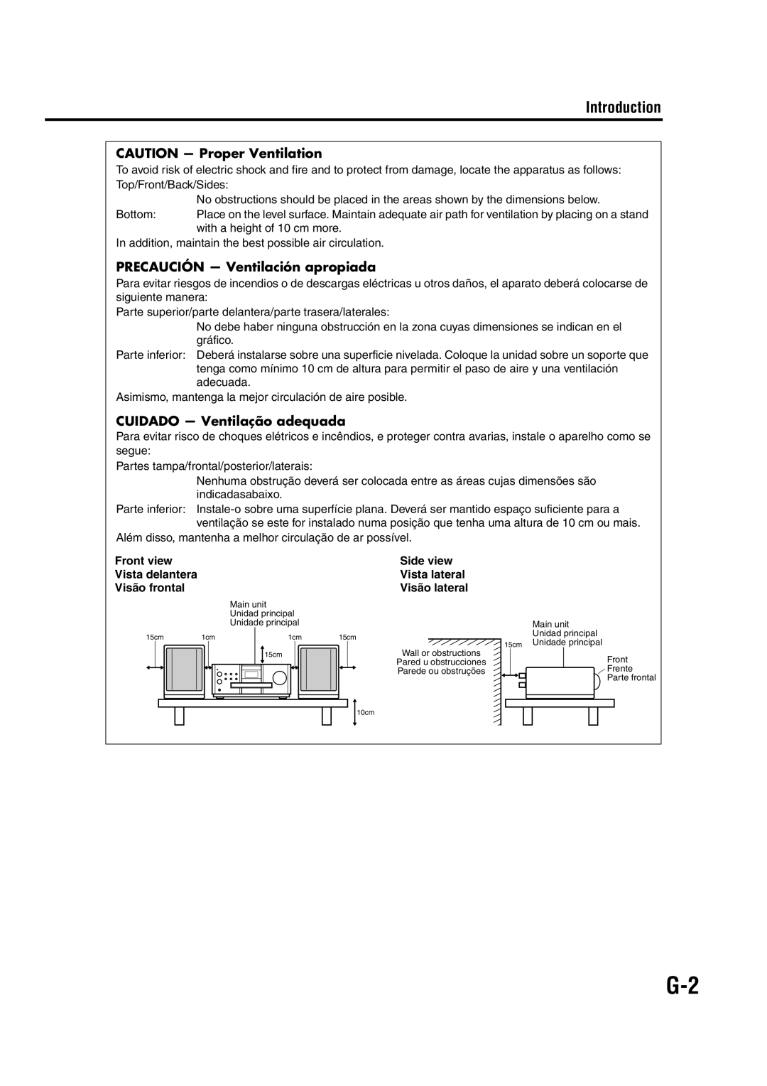 JVC EX-A1 CAUTION — Proper Ventilation, PRECAUCIÓN — Ventilación apropiada, CUIDADO — Ventilação adequada, Introduction 