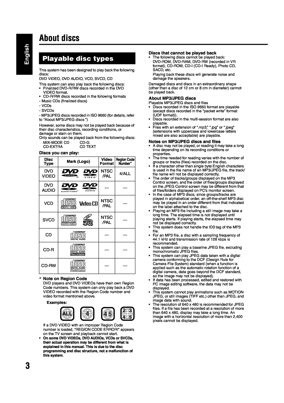 JVC EX-A1 manual About discs, Playable disc types, English, Discs you can play, Note on Region Code, About MP3/JPEG discs 