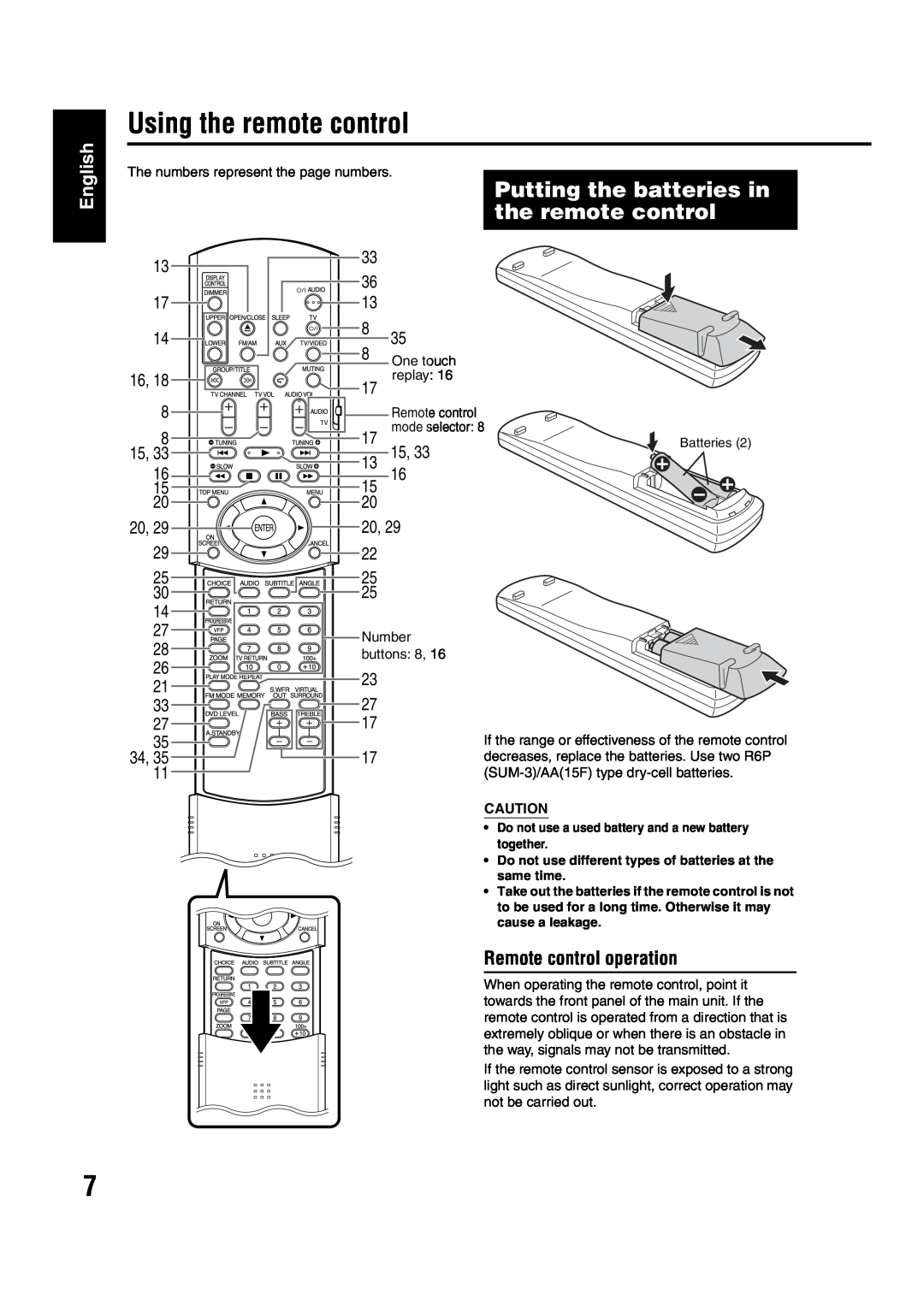 JVC EX-A1 manual Using the remote control, Putting the batteries in, English, Remote control operation 