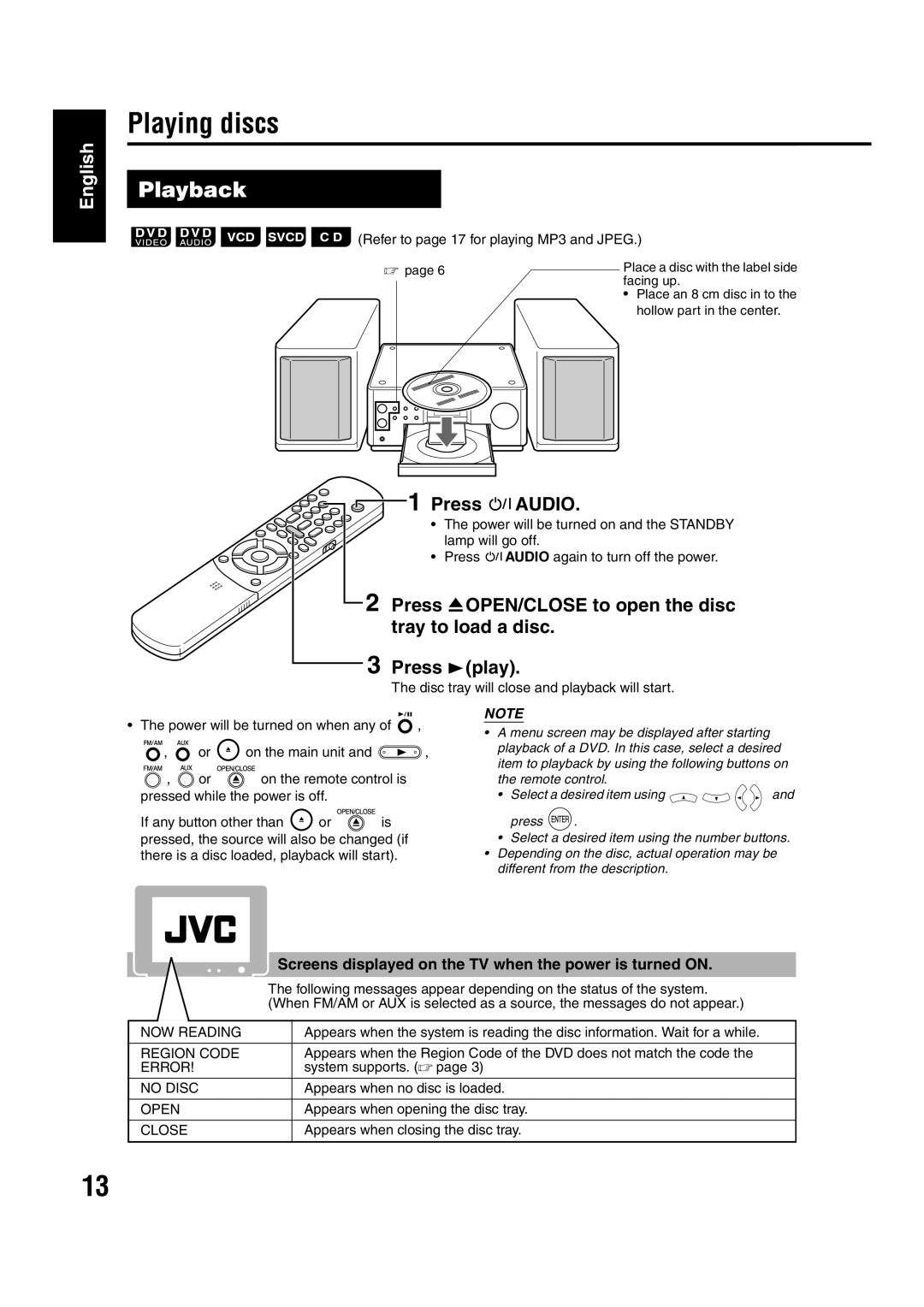 JVC EX-A1 manual Playing discs, Playback, English, Press FAUDIO, Press 3play 
