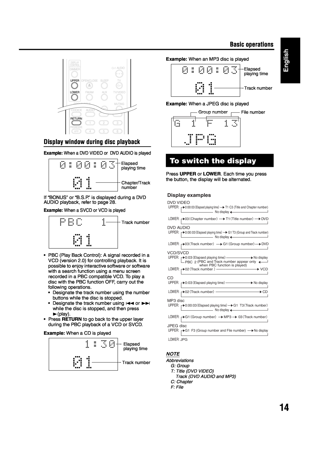 JVC EX-A1 manual To switch the display, Basic operations, English, Display window during disc playback, Display examples 
