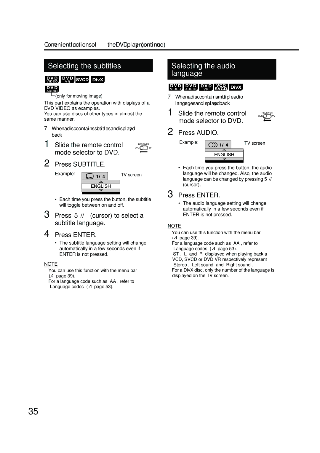 JVC EX-A10 manual Selecting the subtitles Selecting the audio language 