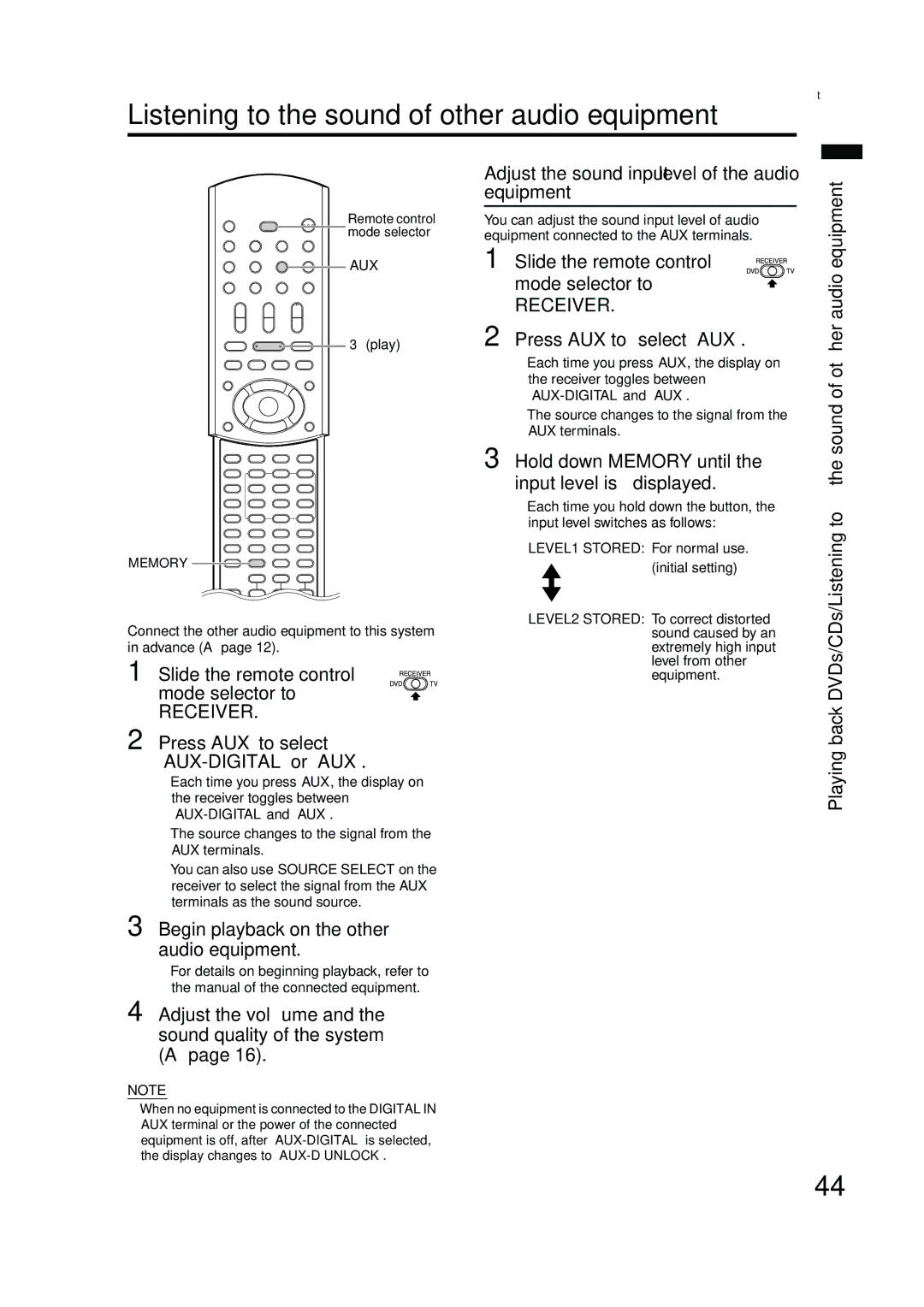 JVC EX-A10 manual Listening to the sound of other audio equipment 