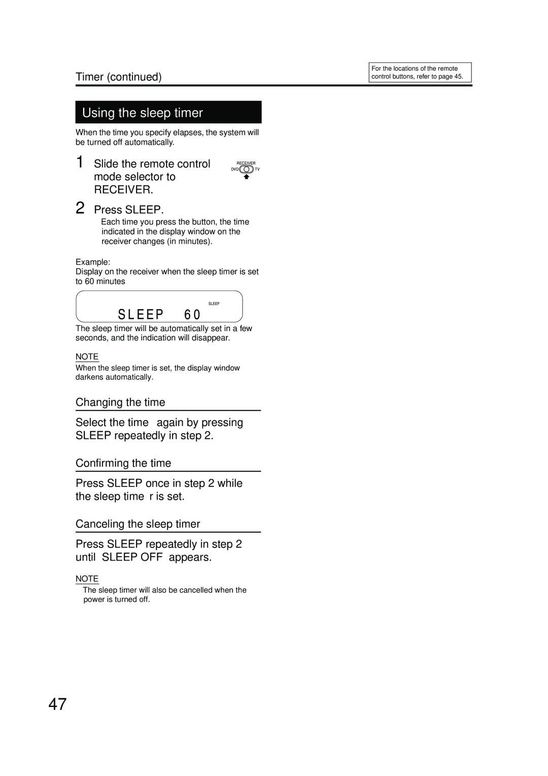 JVC EX-A10 manual Using the sleep timer 