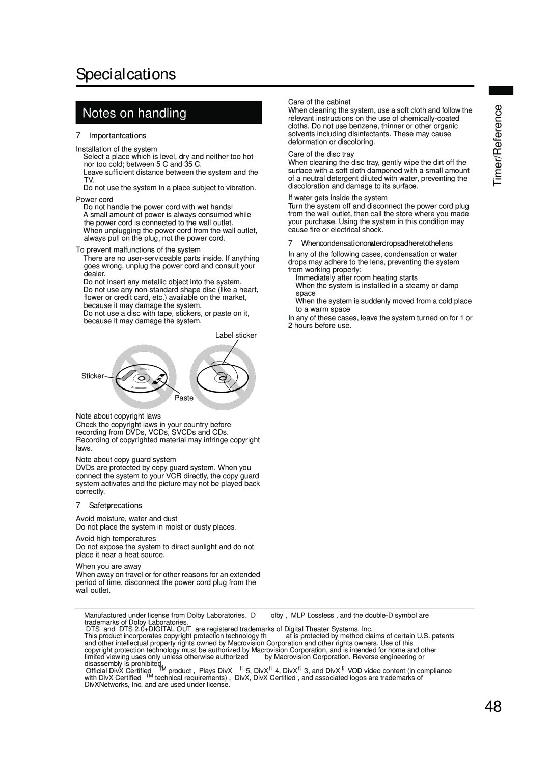 JVC EX-A10 manual Special cautions, Timer/Reference 