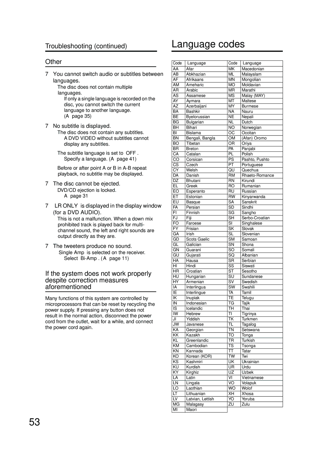 JVC EX-A10 manual Language codes 