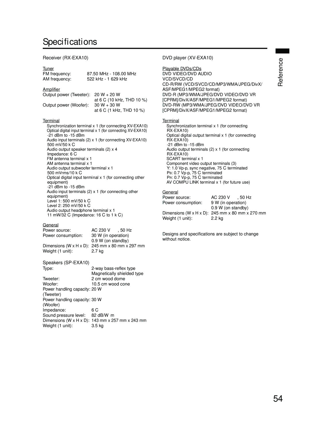 JVC EX-A10 manual Specifications 