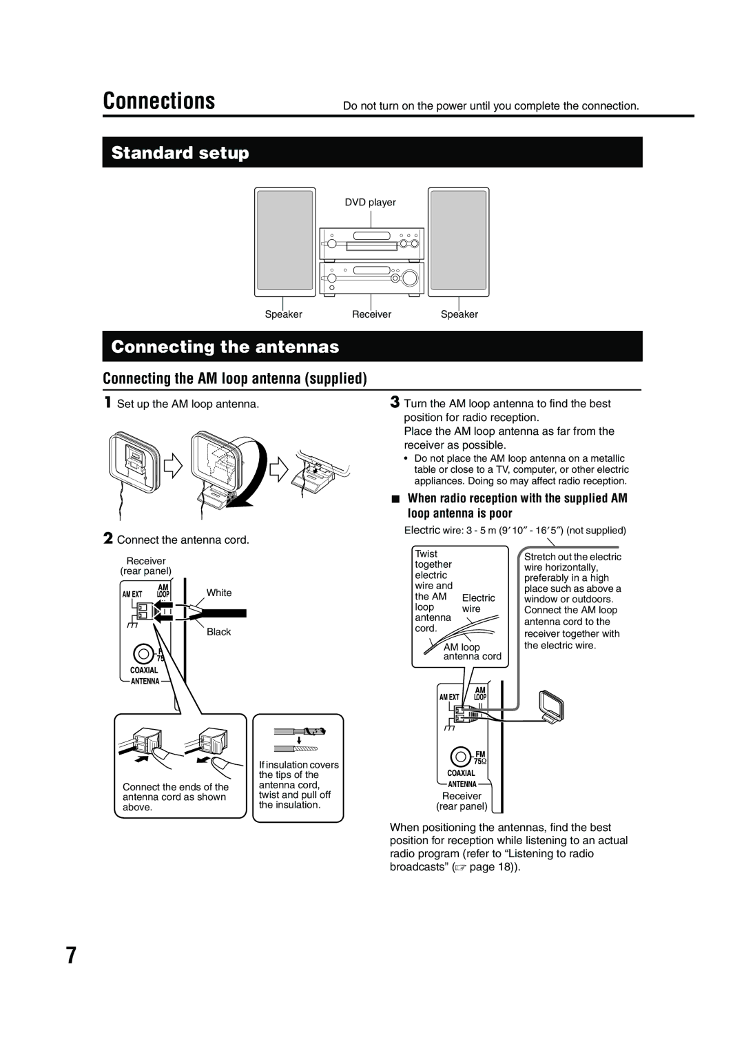 JVC EX-A10 manual Connections, Standard setup, Connecting the antennas, Connecting the AM loop antenna supplied 