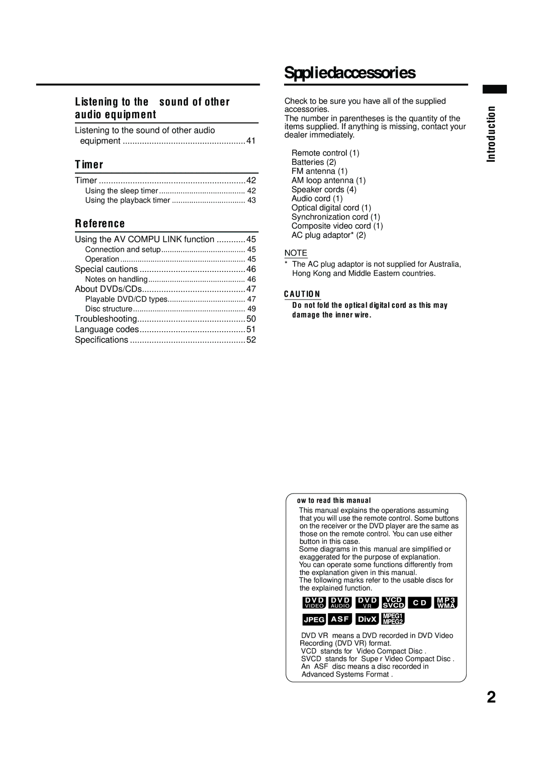 JVC EX-A10 manual Supplied accessories 