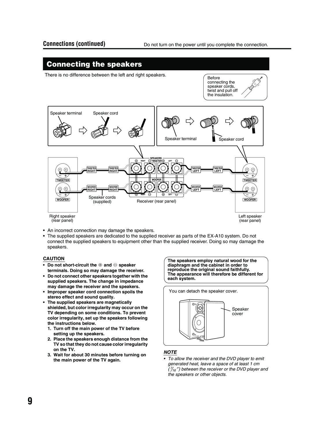 JVC EX-A10 manual Connecting the speakers, Connections, There is no difference between the left and right speakers 