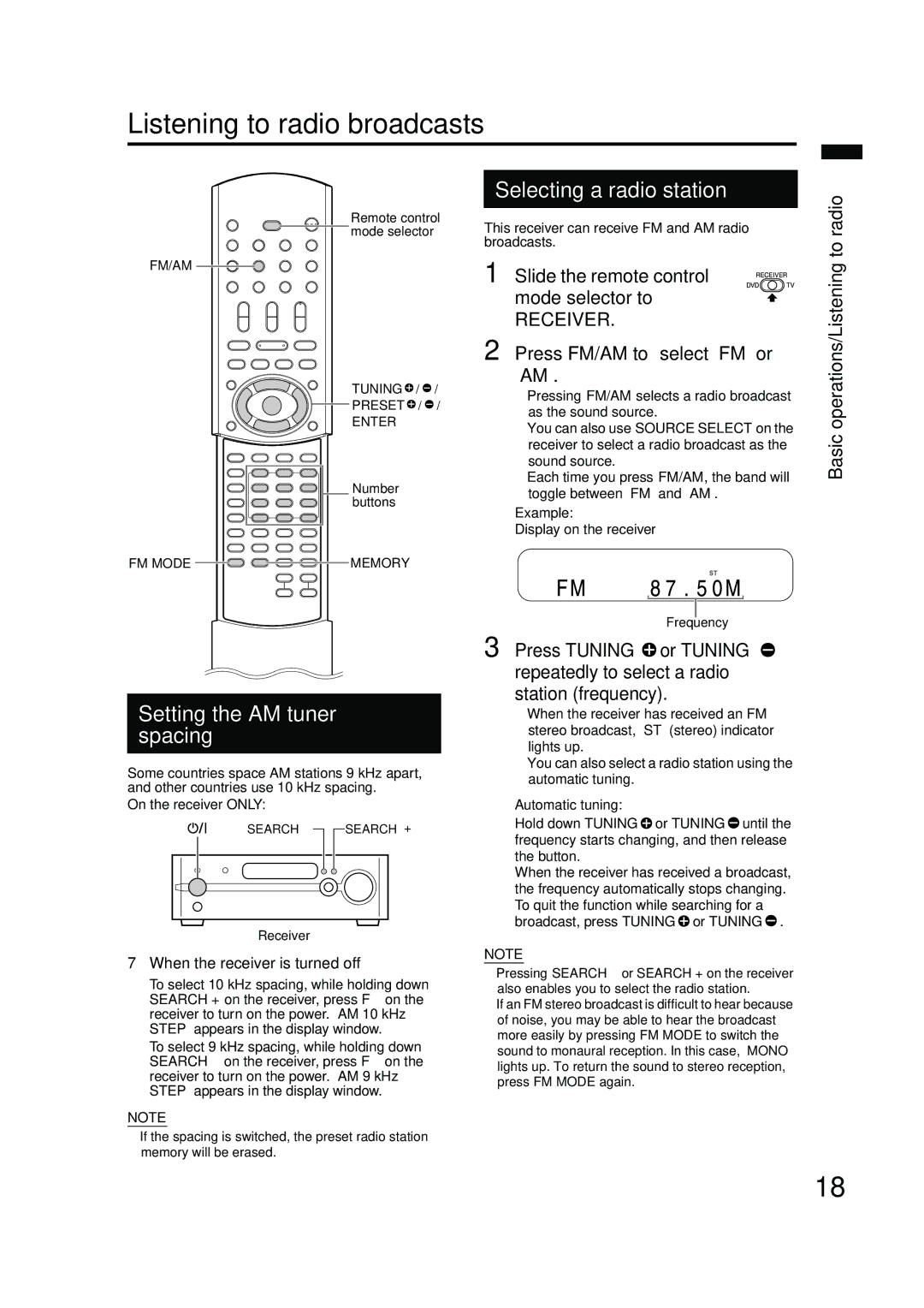 JVC EX-A10 manual Listening to radio broadcasts, Setting the AM tuner spacing 